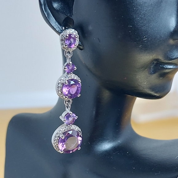 Natural Amethyst 8mm & Cz 925 Sterling Silver Jewelry Earrings - Picture 5 of 7